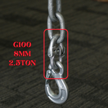 Load image into Gallery viewer, Grade 100 HammerLock Chain Connector Connecting Link Size: 8mm, WLL 2.5ton (2500kg) Breaking Force: 10ton (10000kg) DESCRIPTION and FEATURES: Size: 8mm WLL: 2.5ton BS: 10.0ton (4 times of WLL)  Grade: 100 (T10) Made from Quality Alloy steel Drop forged and heat treated Test certificate supplied upon request Pin comes with Galv.  Item # 10HL08  Trailer chain extender (chain extend) for BOTH 4177-35 or 4177-25