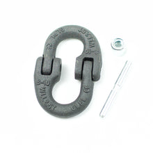 Load image into Gallery viewer, Grade 100 HammerLock Chain Connector Connecting Link Size: 8mm, WLL 2.5ton (2500kg) Breaking Force: 10ton (10000kg) DESCRIPTION and FEATURES: Size: 8mm WLL: 2.5ton BS: 10.0ton (4 times of WLL) Grade: 100 (T10) Made from Quality Alloy steel Drop forged and heat treated Test certificate supplied upon request Pin comes with Galv. Item # 10HL08 Trailer chain extender (chain extend) for BOTH 4177-35 or 4177-25