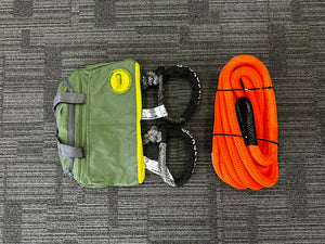 George4x4 Kinetic Rope Soft Shackle Kit
This kit includes

1pc*Kinetic Rope(Orange), 100% double braided Nylon

22mm*9m

Breaking Strength: 13300kg

2pcs*Soft Shackles (Grey), designed with Black eye, Australian made

Total length: 70cm

Breaking Strength: 19800kg 

1pc*Soft Shackle Hitch (SK+ Hitch)

WLL 5000kg, Breaking Strength: 20000kg

1pc*Carry Bag 