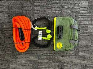 George4x4 Kinetic Rope Soft Shackle Kit
This kit includes

1pc*Kinetic Rope(Orange), 100% double braided Nylon

22mm*9m

Breaking Strength: 13300kg

2pcs*Soft Shackles (Green), designed with Black eye, Australian made

Total length: 70cm

Breaking Strength: 22000kg 

1pc*Soft Shackle Hitch (SK+ Hitch)

WLL 5000kg, Breaking Strength: 20000kg

1pc*Carry Bag 