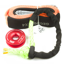 Load image into Gallery viewer, George4x4 Winch Accessory Kit Tree Trunk Protector with Ring and Soft Shackles Combo This kit includes 1pc*Tree Saver 14000kg*75mm*4m, 1pc*Soft Shackle Australian made from 13300kg to 22000kg, 1pc*Aluminum Snatch Ring, Australian designed & tested 11000kg (Silver/Red) Can be used with Manual Pulling winch of 1600kg/2500kg/3200kg.
