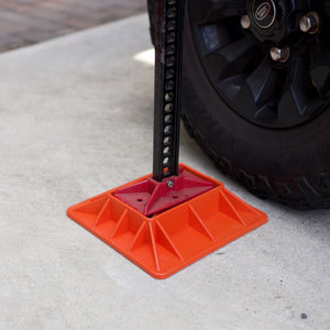 Heavy Duty Hi-Lift Accessory Jack Plate Base Crafted from high-quality polyethylene, this jack plate base is built to last and withstand the toughest conditions (sand, mud, grass, or soft ground). Features: Material: High-quality Polyethylene Colour: Orange-red Base Size: 29.5cm x 29.5cm Compatible with Jack Factory Base: 18.7cm x 11.9cm (approx.) Extra heavy-duty support and UV-resistant Non-slip textured patterns for optimal grip
