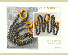 Load image into Gallery viewer, Chain Bridle for Towing (2 Legs) This chain bridle is designed for towing and consists of an oblong master link with hammerlocks and chain for connecting.  Features:  Chain size: 8mm Tow capacity: 5000kg (0 to 90 degrees) or 3800kg (90 to 120 degrees) Slip hook at chain ends Standard Lengths:  0.5m (0.8m total) 0.7m (1.0m total) 0.9m (1.2m total) Oblong Link: 160mm