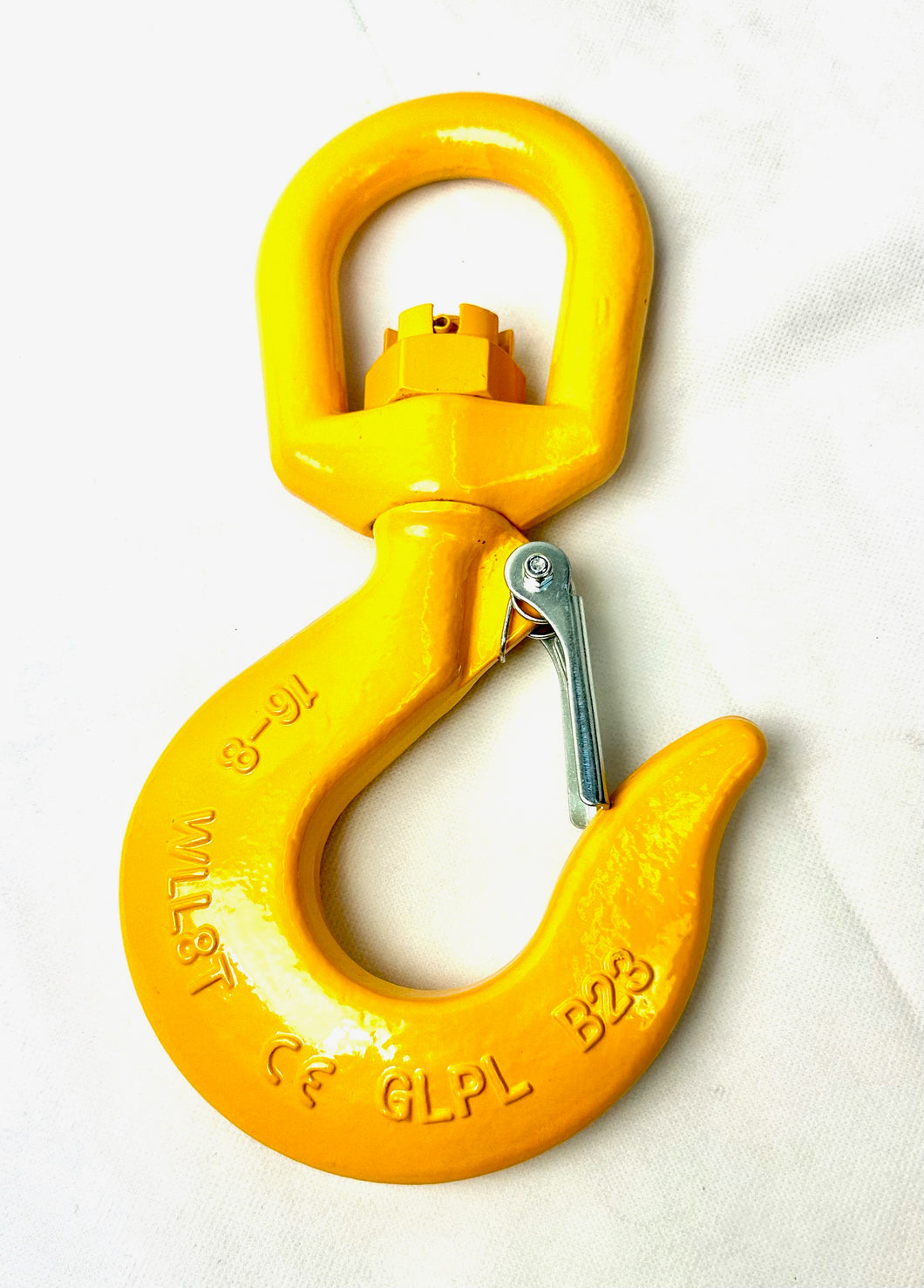 Grade 80 Swivel Hook with Latch Features:   Size: 16mm WLL: 8TON, Breaking load: 32TON (4 times of WLL) Grade: 80 (T8) Test certificate supplied upon request AS3776 Compliant Marked: Size/Grade/Manufacturer Code/Tracking code Size available:  6mm WLL 1.12ton 7/8mm WLL 2.0ton 10mm WLL 3.15ton 13mm WLL 5.3ton 16mm WLL 8ton