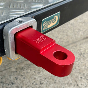 George4x4 Recovery Extended Hitch Extended Recovery Hitch Receiver/Tow Bar made of Solid Aluminium.  FEATURES: 5000kg, Breaking 20000kg Size: 50mm*50mm*200mm Red coating Multiple holes designed to attach horizontally and vertically The holes are suitable for standard hitch pin (5/8”) 16mm Covert your standard Hayman Reece Tow bar and most standard 2”X2” hitch ball mount receiver