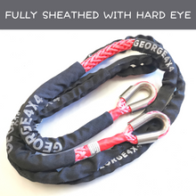 Load image into Gallery viewer, This Bridle rope has been fully sheathed into one piece, can be used as a tree trunk protector and extension for kinetic rope or snatch strap. Made of UHWMPE rope, very light, can float in water High Abrasion resistance and good UV resistance No stretch, easy handling Both ends have protective sleeves and are fully sheathed Hard Eye designed-Heavy duty Reinforced eyelets with STAINLESS STEEL THIMBLE Spliced in Australia FEATURES: 13mm, rated breaking 14000kg