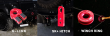 Load image into Gallery viewer, Ruby Combo(3pcs): G link/Flat Winch link + Snatch Ring + Soft Shackle Hitch/SK+  This kit includes 1pc*Aluminum Pulley Snatch Ring (Ruby RED) Inner-Outer diam: 30mm-100mm Breaking Strength: 11000kg  1pc*SK+ aka Soft Shackle Hitch (Ruby RED) 50mm*50mm*170mm  Breaking Strength: 20000kg  1pc*G Link aka Winch Flat link (Ruby RED) Rounded eyelet with large diam. of 32mm Maximum load capacity: 7500kg, for winch up to 16000lbs