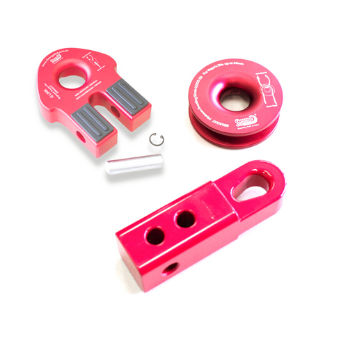 Ruby Combo(3pcs): G link/Flat Winch link + Snatch Ring + Soft Shackle Hitch/SK+  This kit includes 1pc*Aluminum Pulley Snatch Ring (Ruby RED) Inner-Outer diam: 30mm-100mm Breaking Strength: 11000kg  1pc*SK+ aka Soft Shackle Hitch (Ruby RED) 50mm*50mm*170mm  Breaking Strength: 20000kg  1pc*G Link aka Winch Flat link (Ruby RED) Rounded eyelet with large diam. of 32mm Maximum load capacity: 7500kg, for winch up to 16000lbs 