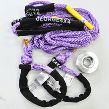 Load image into Gallery viewer, George4x4 Lightweight Recovery Kit includes 1pc*Extension Towing Rope Australian made 10m or 20m Breaking: 9500kg. 2pcs*Soft Shackles, Australian made 65cm Breaking: 15000kg 1pc*Aluminum Pulley Snatch Ring, Australian designed and tested Minimum breaking 11000kg. Lightweight, safer and more durable in every possible way.