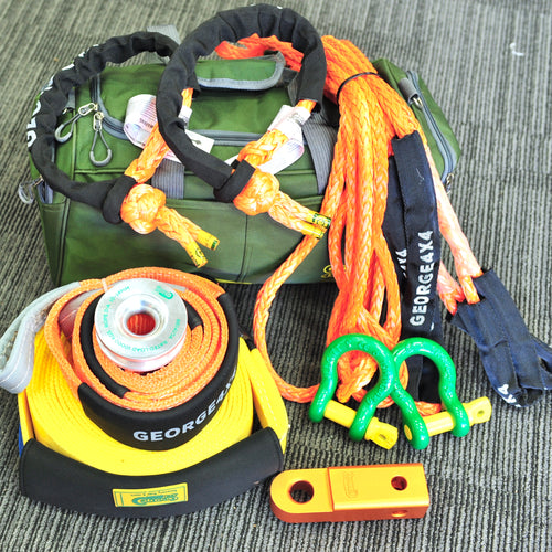 George4x4 Heavy Duty Kit includes 1pc*Snatch Strap 9m*11000kg 1pc*Tree Trunk Protector 75mm*4m*14000kg 2pcs*Soft Shackles Australian made 65cm*15000kg 1pc*Extension Tow Rope Australian made 11000kg*10m/20m 1pc*Aluminum Snatch Ring 11000kg 2pcs*Rated Shackles 4.7ton 1pc*Hitch Receiver 5ton Alloy 1pc*Heavy Duty Carry Bag