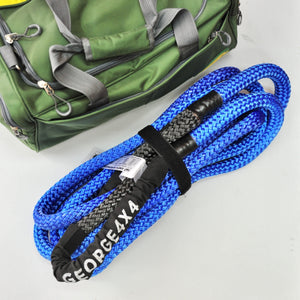 George4x4 uses 100% double-braided Nylon, which increases rope elongation up to 30%. Our kinetic ropes are hand spliced and rigorously tested. These ropes are Heavy Duty, but light and small enough to easily stow. They are much stronger and more durable than the common snatch strap.  Abrasion-Resistant coated eyelets offer longer life Water, UV and abrasive resistant Reduces potential of damage for both vehicles  30% stretching, increasing kinetic energy. 8600kgs*9m with reinforced eye Thickness 19mm
