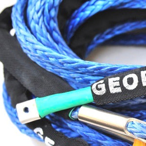 George4x4 SYNTHETIC WINCH ROPE  FEATURES:  9mm, rated breaking 8000kg,  12000lbs and 14000lbs winches Made of Synthetic rope, very light, can float in water High Abrasion resistance and good UV resistance No stretch, easy handling Heavy duty Reinforced eyelet with GEORGE4X4 Stainless Steel Tubular Thimble and small soft eye at the other side, suitable for Warn Zeon Spliced in Australia