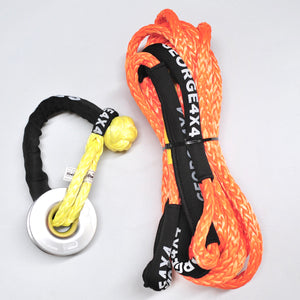 George4x4 Lightweight Recovery Kit includes 1pc*Extension Towing Rope, Australian-made Breaking: 9500kg/11000kg; 10m/20m. 1pc*Soft Shackle (Black Eye), Australian-made Breaking: 16000kg/18000kg/22000kg. 1pc*Aluminum Snatch Ring, Australian designed and NATA lab tested. A CURVED EDGE AND BIGGER GROOVE. Breaking 11000kg. 