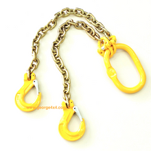 Load image into Gallery viewer, Chain Bridle for Towing (2 Legs) This chain bridle is designed for towing and consists of an oblong master link with hammerlocks and chain for connecting.  Features:  Chain size: 8mm Tow capacity: 5000kg (0 to 90 degrees) or 3800kg (90 to 120 degrees) Slip hook at chain ends Standard Lengths:  0.5m (0.8m total) 0.7m (1.0m total) 0.9m (1.2m total) Oblong Link: 160mm