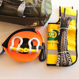 This kit includes:  1pc*Snatch Strap, 20% stretching, made with 100% nylon  60mm*9m, Breaking Strength: 8000kg  or  75mm*9m, Breaking Strength: 11000kg  1pc*Bridle Rope (Orange/Grey), Australian made  11mm*3m, Breaking Strength: 11000kg or  12mm*3m, Breaking Strength: 13200kg  2pcs*Rated Shackles (Red/Green/Galv.)  4.7ton    1pc*Heavy Duty Bag (50cm*24cm*27cm)  1pc*Winch line Damper (Yellow). Snatch Strap is made of 100% nylon Bridle rope is hand spliced in Brisbane and NATA tested 