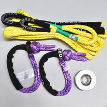 Load image into Gallery viewer, George4x4 Lightweight Recovery Kit includes 1pc*Extension Towing Rope Australian made 10m or 20m Breaking: 9500kg. 2pcs*Soft Shackles, Australian made 65cm Breaking: 15000kg 1pc*Aluminum Pulley Snatch Ring, Australian designed and tested Minimum breaking 11000kg. Lightweight, safer and more durable in every possible way.