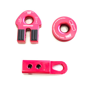 Ruby Combo(3pcs): G link/Flat Winch link + Snatch Ring + Soft Shackle Hitch/SK+  This kit includes 1pc*Aluminum Pulley Snatch Ring (Ruby RED) Inner-Outer diam: 30mm-100mm Breaking Strength: 11000kg  1pc*SK+ aka Soft Shackle Hitch (Ruby RED) 50mm*50mm*170mm  Breaking Strength: 20000kg  1pc*G Link aka Winch Flat link (Ruby RED) Rounded eyelet with large diam. of 32mm Maximum load capacity: 7500kg, for winch up to 16000lbs 