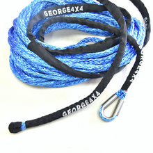 Load image into Gallery viewer, George4x4 SYNTHETIC WINCH ROPE  FEATURES:  9mm, rated breaking 8000kg,  12000lbs and 14000lbs winches Made of Synthetic rope, very light, can float in water High Abrasion resistance and good UV resistance No stretch, easy handling Heavy duty Reinforced eyelet with GEORGE4X4 Stainless Steel Tubular Thimble and small soft eye at the other side, suitable for Warn Zeon Spliced in Australia