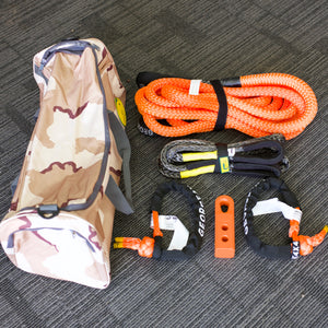 Designed to suit vehicles with a GVM from 3600kg to 4500kg!      Item Number: 13KEKBS  This kit includes  1pc*Kinetic Rope, 100% double braided Nylon, 30% stretch, 9meters long.  Breaking Force: 13300kg  1pc*Bridle Rope(Grey/Silver), Australian made  12mm*3m Breaking Strength: 13200kg  or   12mm*4m, Breaking strength: 13200kg  or   12mm*5m, Breaking strength: 13200kg  2pcs*Soft Shackles(Diamond knot), Australian made  11mm*65cm Breaking Strength: 15000kg (Orange)   1pc*Heavy Duty Carry Bag, Camouflage