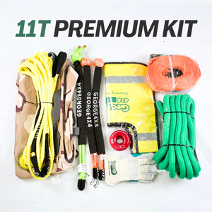This kit includes a 100% double-braided Nylon Kinetic Rope that can handle at least 11,000kg of force. It also features one heavy-duty Australian-made Soft Shackle rated at 19,800kg, along with two Soft Shackles rated at 15,000kg each. Additionally, the kit contains a 14,000kg Tree Trunk Protector, a 20-metre long Australian-made Winch Extension of 9,500kg, a 11,000kg Winch Pulley Ring designed for soft shackles, a Winch Line Damper, a pair of Gloves, and a Camouflage Carry Bag. 