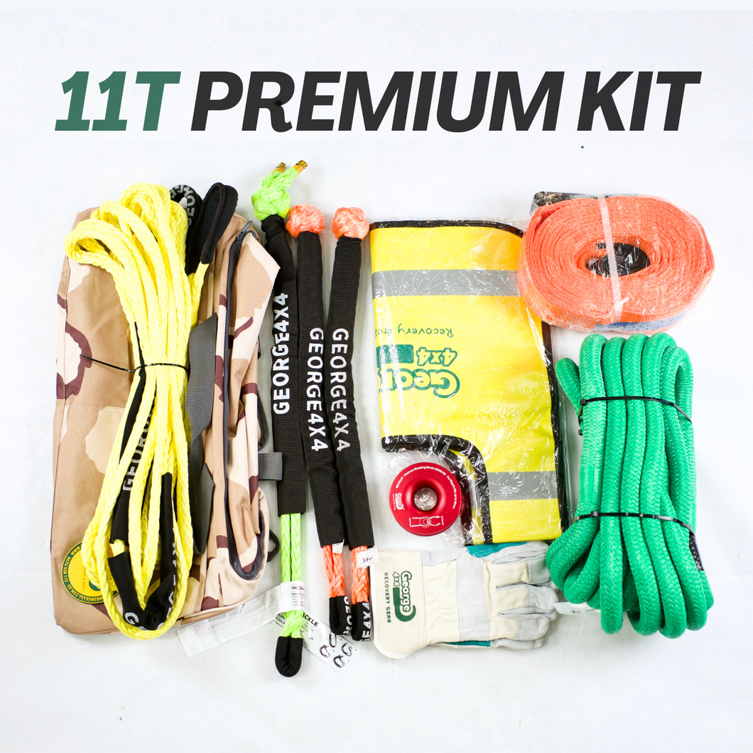 This kit includes a 100% double-braided Nylon Kinetic Rope that can handle at least 11,000kg of force. It also features one heavy-duty Australian-made Soft Shackle rated at 19,800kg, along with two Soft Shackles rated at 15,000kg each. Additionally, the kit contains a 14,000kg Tree Trunk Protector, a 20-metre long Australian-made Winch Extension of 9,500kg, a 11,000kg Winch Pulley Ring designed for soft shackles, a Winch Line Damper, a pair of Gloves, and a Camouflage Carry Bag. 