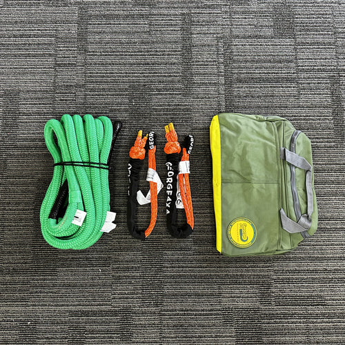 This kit includes 1pc*Kinetic Rope(Green), 100% double braided Nylon 20mm*9m Breaking Strength: 11000kg 2pcs*Soft Shackles, designed with Black eye, Australian made Total length: 65cm, 30cm when closed as a shackle Breaking Strength: 15000kg or 18000kg 1pc*Carry Bag