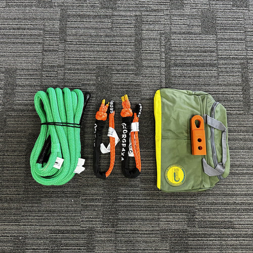 This kit includes 1pc*Kinetic Rope(Green), 100% double braided Nylon 20mm*9m Breaking Strength: 11000kg 2pcs*Soft Shackles, designed with Black eye, Australian made Total length: 65cm, 30cm when closed as a shackle Breaking Strength: 15000kg or 18000kg 1pc*Soft Shackle Hitch (SK+ Hitch) WLL 5000kg, Breaking Strength: 20000kg 1pc*Carry Bag 