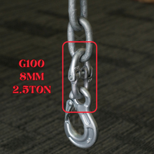 Load image into Gallery viewer, Grade 100 HammerLock Chain Connector Connecting Link Size: 8mm, WLL 2.5ton (2500kg) Breaking Force: 10ton (10000kg) DESCRIPTION and FEATURES: Size: 8mm WLL: 2.5ton BS: 10.0ton (4 times of WLL)  Grade: 100 (T10) Made from Quality Alloy steel Drop forged and heat treated Test certificate supplied upon request Pin comes with Galv.  Item # 10HL08  Trailer chain extender (chain extend) for BOTH 4177-35 or 4177-25 