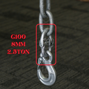 Grade 100 HammerLock Chain Connector Connecting Link Size: 8mm, WLL 2.5ton (2500kg) Breaking Force: 10ton (10000kg) DESCRIPTION and FEATURES: Size: 8mm WLL: 2.5ton BS: 10.0ton (4 times of WLL)  Grade: 100 (T10) Made from Quality Alloy steel Drop forged and heat treated Test certificate supplied upon request Pin comes with Galv.  Item # 10HL08  Trailer chain extender (chain extend) for BOTH 4177-35 or 4177-25 
