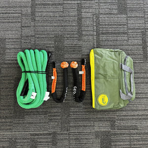 This kit includes 1pc*Kinetic Rope(Green), 100% double braided Nylon 20mm*9m Breaking Strength: 11000kg 2pcs*Soft Shackles, designed with Black eye, Australian made Total length: 65cm, 30cm when closed as a shackle Breaking Strength: 15000kg or 18000kg 1pc*Carry Bag