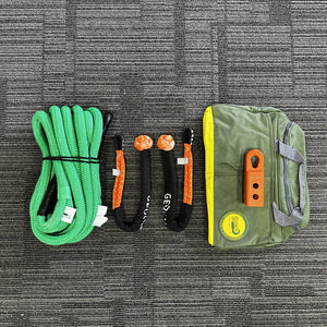 This kit includes 1pc*Kinetic Rope(Green), 100% double braided Nylon 20mm*9m Breaking Strength: 11000kg 2pcs*Soft Shackles, designed with Black eye, Australian made Total length: 65cm, 30cm when closed as a shackle Breaking Strength: 15000kg or 18000kg 1pc*Soft Shackle Hitch (SK+ Hitch) WLL 5000kg, Breaking Strength: 20000kg 1pc*Carry Bag 