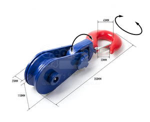 Heavy Duty Snatch Block WLL 4ton (For Lifting) Sheave 4-1/2" Swivel Hook Designed Blue Red Painting FEATURES: Pulley wheel machined with solid steel Suit for all winch types, can be used for Soft Fibre rope and Steel cable up to 16mm  Rated 4ton on lifting, Safety Factor 5:1, heavy-duty design. Minimum Breaking Force 20000kg!  Use for a Winch up to 8000kg (8ton Equal 17000LBS) pulling and Towing, Better pulling angle, easier to pull Double winch Pulling capacity Visible colour: Red hook  + Blue Sheave