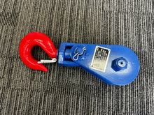 Load image into Gallery viewer, Heavy Duty Snatch Block WLL 4ton (For Lifting) Sheave 4-1/2&quot; Swivel Hook Designed Blue Red Painting FEATURES: Pulley wheel machined with solid steel Suit for all winch types, can be used for Soft Fibre rope and Steel cable up to 16mm Rated 4ton on lifting, Safety Factor 5:1, heavy-duty design. Minimum Breaking Force 20000kg! Use for a Winch up to 8000kg (8ton Equal 17000LBS) pulling and Towing, Better pulling angle, easier to pull Double winch Pulling capacity Visible colour: Red hook + Blue Sheave