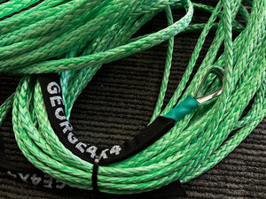 George4x4 SYNTHETIC WINCH ROPE 3300kg Suitable for Small vehicles like Jimny Zuke. 6mm, rated breaking 3300kg, 4500lbs winches Made of Synthetic rope, Spliced in Australia   very light, can float in water High Abrasion resistance and good UV resistance No stretch, easy handling Heavy duty Reinforced eyelet with GEORGE4X4 Stainless Steel Tubular Thimble or small soft eye, suitable for Jimny Zuke 