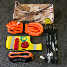 Load image into Gallery viewer, This kit includes  1pc*Kinetic Rope, 100% double braided Nylon   9m  Breaking Strength: 13300kg  3pcs*Soft Shackles(Diamond knot), Australian made  12mm*70cm Breaking Strength: 19800kg (grey)  1pc*Winch Pulley Ring 11000kg Red, Soft Shackle friendly designed  Rated 11000kg. Size 30mm*100mm.   1pc*SK+ Hitch (red or black or orange)   1pc*Damper (yellow)   1pc*Tree Trunk Protector (can be used as an Equalizer)  1pc*Camouflage Bag