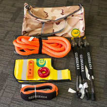 Load image into Gallery viewer, This kit includes  1pc*Kinetic Rope, 100% double braided Nylon   9m  Breaking Strength: 13300kg  3pcs*Soft Shackles(Diamond knot), Australian made  12mm*70cm Breaking Strength: 19800kg (grey)  1pc*Winch Pulley Ring 11000kg Red, Soft Shackle friendly designed  Rated 11000kg. Size 30mm*100mm.   1pc*SK+ Hitch (red or black or orange)   1pc*Damper (yellow)   1pc*Tree Trunk Protector (can be used as an Equalizer)  1pc*Camouflage Bag