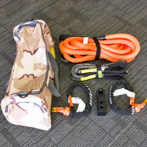 Designed to suit vehicles with a GVM from 3600kg to 4500kg!      Item Number: 13KEKBS  This kit includes  1pc*Kinetic Rope, 100% double braided Nylon, 30% stretch, 9meters long.  Breaking Force: 13300kg  1pc*Bridle Rope(Grey/Silver), Australian made  12mm*3m Breaking Strength: 13200kg  or   12mm*4m, Breaking strength: 13200kg  or   12mm*5m, Breaking strength: 13200kg  2pcs*Soft Shackles(Diamond knot), Australian made  11mm*65cm Breaking Strength: 15000kg (Orange)   1pc*Heavy Duty Carry Bag, Camouflage