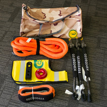 Load image into Gallery viewer, This kit includes  1pc*Kinetic Rope, 100% double braided Nylon   9m  Breaking Strength: 13300kg  3pcs*Soft Shackles(Diamond knot), Australian made  12mm*70cm Breaking Strength: 19800kg (grey)  1pc*Winch Pulley Ring 11000kg Red, Soft Shackle friendly designed  Rated 11000kg. Size 30mm*100mm.   1pc*SK+ Hitch (red or black or orange)   1pc*Damper (yellow)   1pc*Tree Trunk Protector (can be used as an Equalizer)  1pc*Camouflage Bag