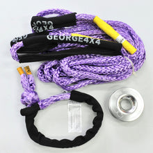 Load image into Gallery viewer, George4x4 4WD Lightweight Recovery Kit This kit includes  1pc*Extension Towing Rope (Orange/Purple), Australian made  11mm*10m  Breaking Strength: 11000kg  1pc*Soft Shackle (Orange/Purple diamond), Australian made  11mm*65cm  Breaking Strength: 15000kg    1pc*Aluminum Pulley Snatch Ring, Australian designed and NATA accredited lab tested  Inner-Outer diam: 30mm-100mm  Running rope: 8mm-14mm