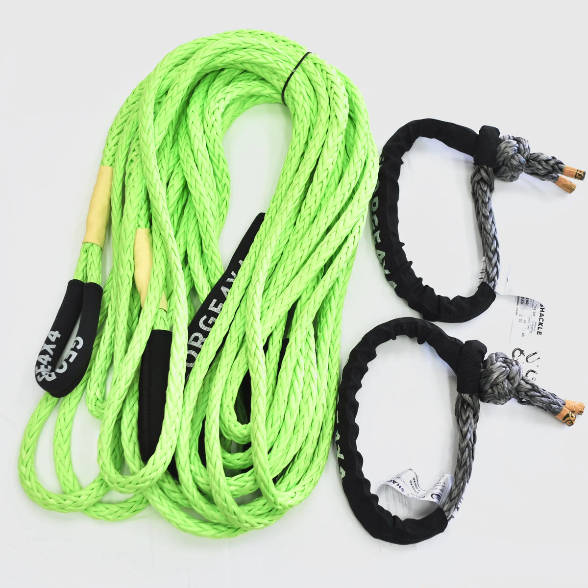 12mm Green Winch Extension / Tow Rope + 2× 19,800kg Grey Soft Shackles ...