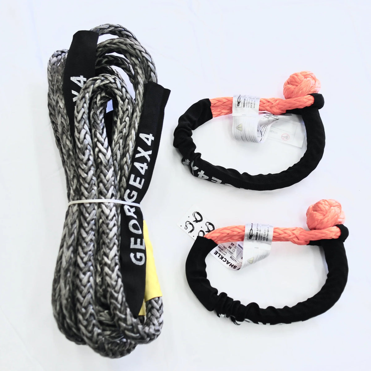 12mm Grey Winch Extension / Tow Rope + 2× 18,000kg Orange Soft Shackle ...