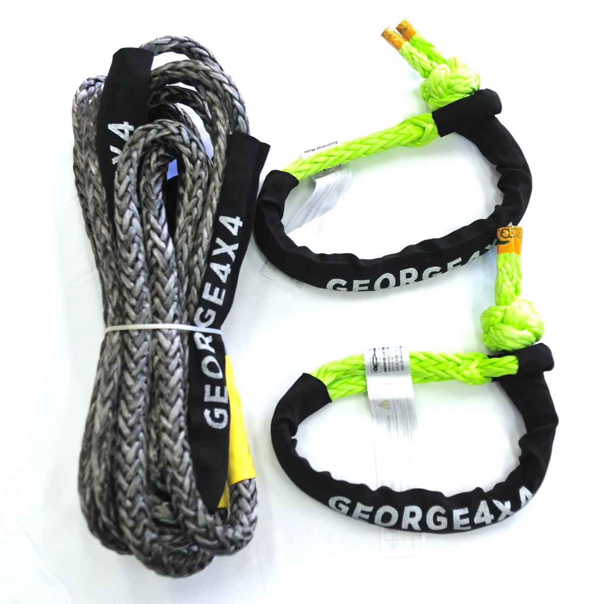 12mm Grey Winch Extension / Tow Rope + 2× 19800kg Green Soft Shackles ...