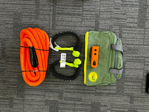 George4x4 Kinetic Rope Soft Shackle Kit
This kit includes

1pc*Kinetic Rope(Orange), 100% double braided Nylon

22mm*9m

Breaking Strength: 13300kg

2pcs*Soft Shackles (Green), designed with Black eye, Australian made

Total length: 70cm

Breaking Strength: 22000kg 

1pc*Soft Shackle Hitch (SK+ Hitch)

WLL 5000kg, Breaking Strength: 20000kg

1pc*Carry Bag 