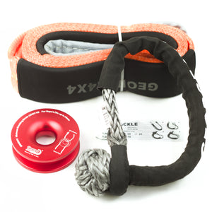 George4x4 Winch Accessory Kit Tree Trunk Protector with Ring and Soft Shackles Combo This kit includes 1pc*Tree Saver 14000kg*75mm*3m, 1pc*Soft Shackle Australian made from 13300kg to 22000kg, 1pc*Aluminum Snatch Ring, Australian designed & tested 11000kg (Silver/Red) Can be used with Manual Pulling winch of 1600kg/2500kg/3200kg.
