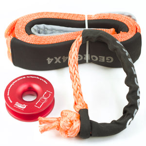 George4x4 Winch Accessory Kit Tree Trunk Protector with Ring and Soft Shackles Combo This kit includes 1pc*Tree Saver 14000kg*75mm*3m, 1pc*Soft Shackle Australian made from 13300kg to 22000kg, 1pc*Aluminum Snatch Ring, Australian designed & tested 11000kg (Silver/Red) Can be used with Manual Pulling winch of 1600kg/2500kg/3200kg.