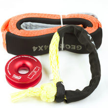 Load image into Gallery viewer, George4x4 Winch Accessory Kit Tree Trunk Protector with Ring and Soft Shackles Combo This kit includes 1pc*Tree Saver 14000kg*75mm*3m, 1pc*Soft Shackle Australian made from 13300kg to 22000kg, 1pc*Aluminum Snatch Ring, Australian designed &amp; tested 11000kg (Silver/Red) Can be used with Manual Pulling winch of 1600kg/2500kg/3200kg.