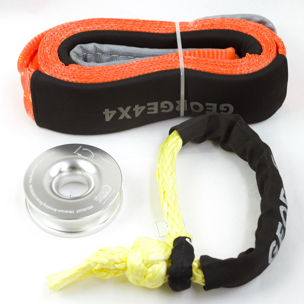 George4x4 Winch Accessory Kit Tree Trunk Protector with Ring and Soft Shackles Combo This kit includes 1pc*Tree Saver 14000kg*75mm*4m, 1pc*Soft Shackle Australian made from 13300kg to 22000kg, 1pc*Aluminum Snatch Ring, Australian designed & tested 11000kg (Silver/Red) Can be used with Manual Pulling winch of 1600kg/2500kg/3200kg.