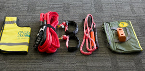 This kit includes 1pc*Kinetic Rope (Red), 100% double braided Nylon 9m Breaking Strength: 5000kg 1pc*Bridle Rope (Yellow), Australian made Size: 8mm*3m or 5m Breaking Strength: 5800kg 2pcs*Soft Shackle (Pink diamond knot), Australian made 8mm*8500kg 1pc*Soft Shackle Hitch (Orange), Soft Shackle friendly designed 50mm*50mm*170mm WLL 5000kg, Breaking Strength: 20000kg 1pc*Winch line Damper (Yellow) 1pc*Carry Bag