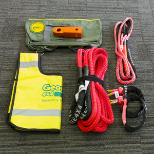 This kit includes 1pc*Kinetic Rope (Red), 100% double braided Nylon 9m Breaking Strength: 5000kg 1pc*Bridle Rope (Yellow), Australian made Size: 8mm*3m or 5m Breaking Strength: 5800kg 2pcs*Soft Shackle (Pink diamond knot), Australian made 8mm*8500kg 1pc*Soft Shackle Hitch (Orange), Soft Shackle friendly designed 50mm*50mm*170mm WLL 5000kg, Breaking Strength: 20000kg 1pc*Winch line Damper (Yellow) 1pc*Carry Bag