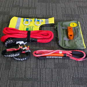 This kit includes 1pc*Kinetic Rope (Red), 100% double braided Nylon 9m Breaking Strength: 5000kg 1pc*Bridle Rope (Yellow), Australian made Size: 8mm*3m or 5m Breaking Strength: 5800kg 2pcs*Soft Shackle (Pink diamond knot), Australian made 8mm*8500kg 1pc*Soft Shackle Hitch (Orange), Soft Shackle friendly designed 50mm*50mm*170mm WLL 5000kg, Breaking Strength: 20000kg 1pc*Winch line Damper (Yellow) 1pc*Carry Bag  2pcs*Steel Shackles 3.2ton 